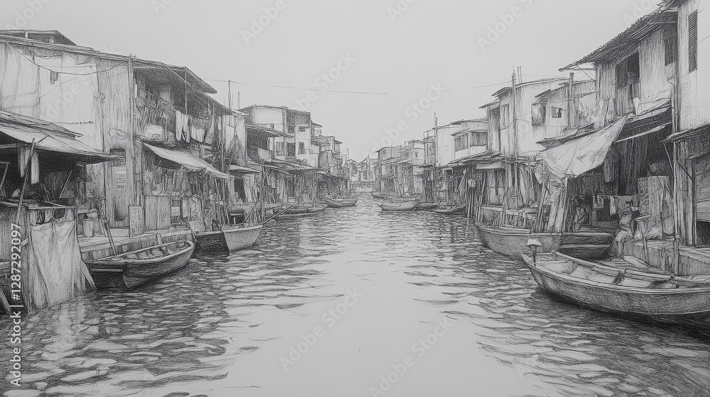 Fototapeta premium Artistic black and white depiction of tranquil canal with reflection of buildings and boats creating serene atmosphere