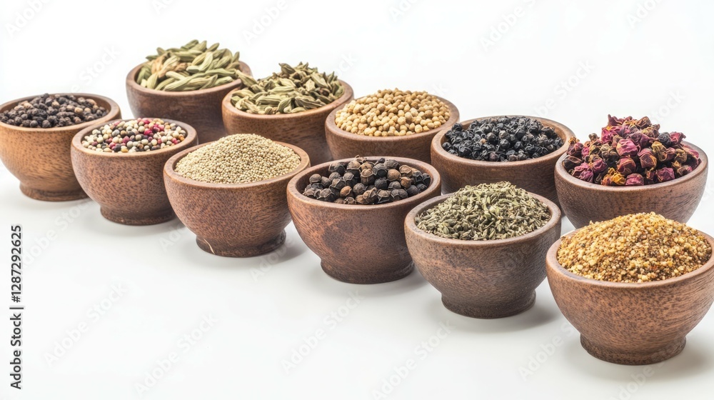 Aromatic spices in small wooden bowls. Aromatic spices in small wooden bowls.