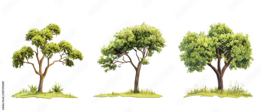 Fototapeta premium Three distinct trees showcasing varying shapes and foliage, emphasizing their natural beauty and diversity. isolated on white background.