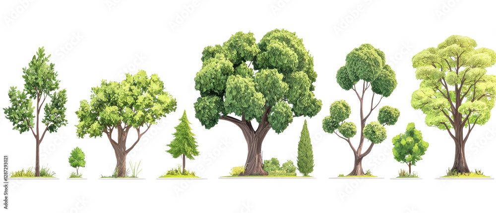 Fototapeta premium A series of various tree types showcasing different shapes, sizes, and foliage, illustrating the diversity of trees. isolated on white background.