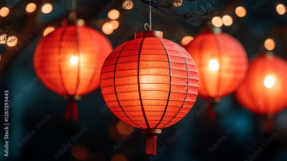 Chinese lanterns hanging, night scene, festive decor Chinese lanterns hanging, night scene, festive decor