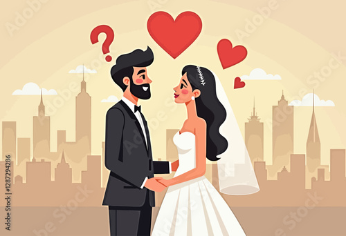 Explore marital growth with this modern minimalist cartoon illustration, depicting a married couple thoughtfully answering questions to strengthen their relationship.

