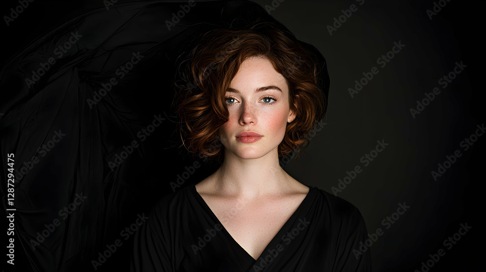 Naklejka premium Redhead woman portrait, dark dress, flowing fabric, studio backdrop, fashion photography