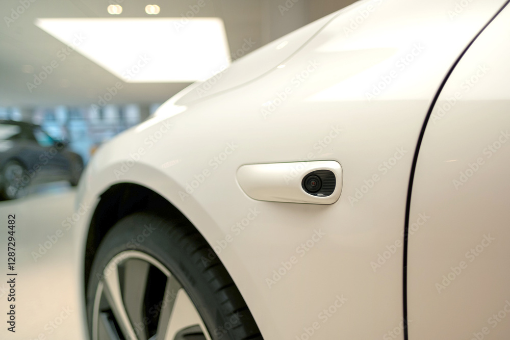 side camera car Close-up, showcasing innovative design, driving safety electric vehicle, advanced automotive technology, Technological marvel, AI sensor side camera car Close-up, showcasing innovative design, driving safety electric vehicle, advanced automotive technology, Technological marvel, AI sensor