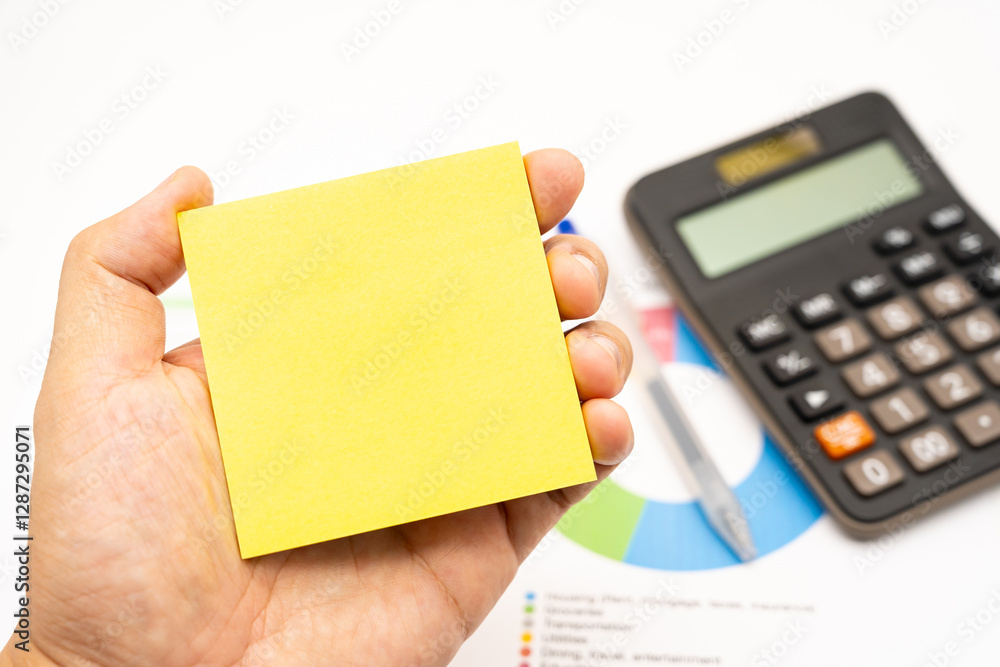 Obraz premium Hand holding Blank Sticky note with calculator background. Financial data analyzing. Working on desk with using calculator, finance accounting. Copy space.