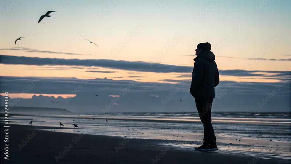Silhouette of person stands on beach during dusk time, feeling serene while enjoying peaceful coastal view Silhouette of person stands on beach during dusk time, feeling serene while enjoying peaceful coastal view