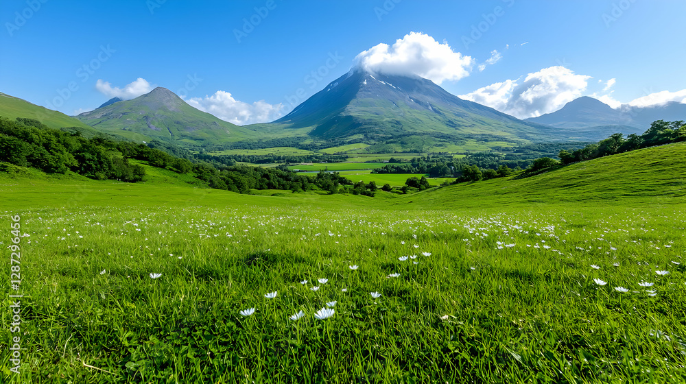 Fototapeta premium Mountainous landscape, wildflowers, valley, sunny day, nature photography