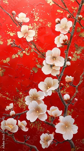 Traditional gold foil art red and white plum blossom illustration poster background