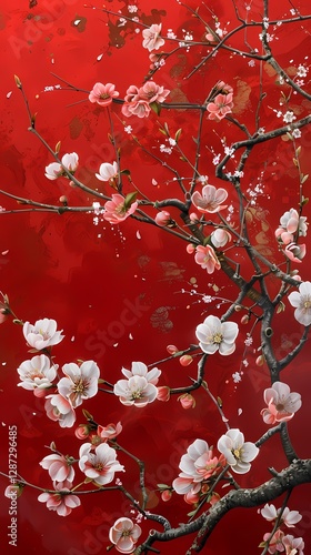 Traditional gold foil art red and white plum blossom illustration poster background