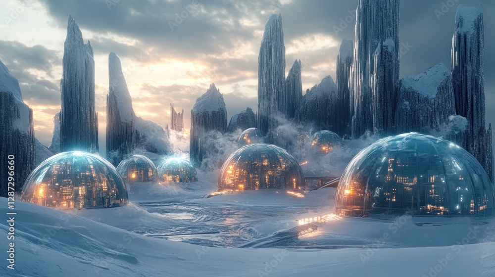 Fototapeta premium Futuristic Arctic Settlement: Domes in a Frozen Landscape