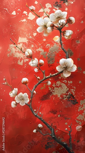Traditional gold foil art red and white plum blossom illustration poster background