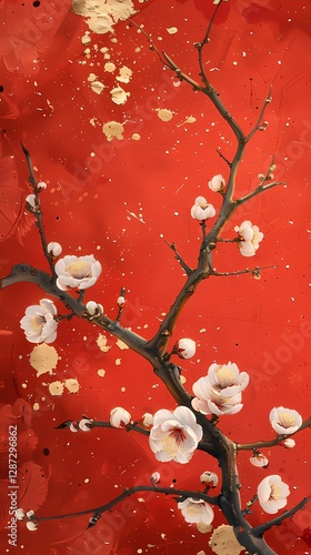 Traditional gold foil art red and white plum blossom illustration poster background