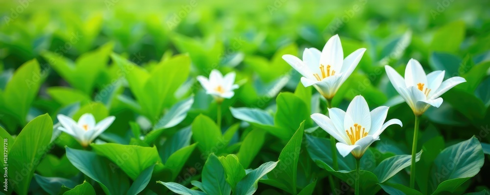 A cascade of white lily blooms on a bed of emerald green leaves, field, petals, nature A cascade of white lily blooms on a bed of emerald green leaves, field, petals, nature