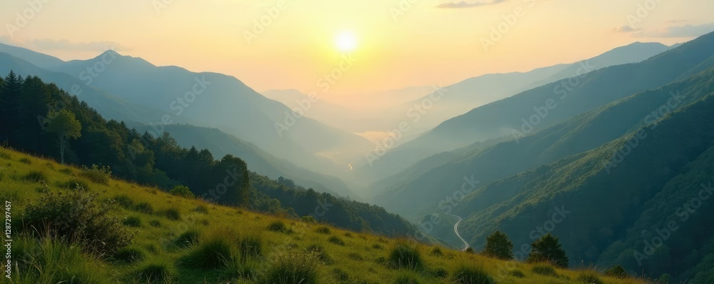 Fototapeta premium Gentle morning light creeps over valley hills, shadow, soft, mist