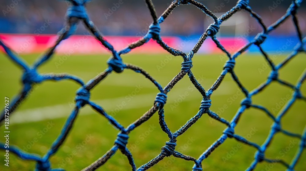 Fototapeta premium Close-up of blue soccer goal net with blurred green field and crowd in background during an exciting sporting event