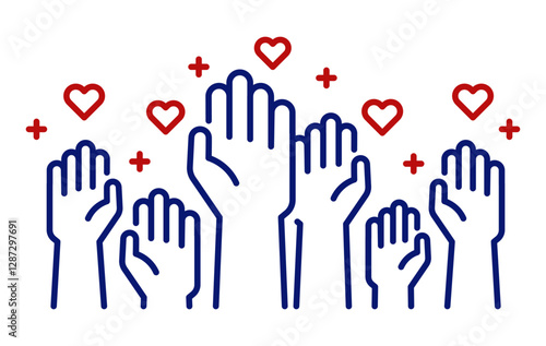 Volunteers and charity outreach. Raised helping hands. Vector line icon illustration with a crowd of people ready to help, donate, and uplift communities. Positive foundation, nonprofit organizations