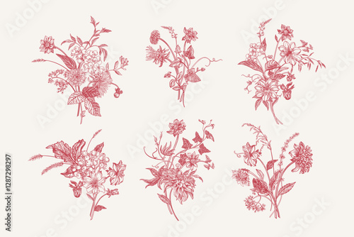 Set with floral vernical compositions in engraving style. Autumn bouquets with zinnias, chrysanthemums, dahlias, asters, berries and cereals. Vector botanical illustration. Red
