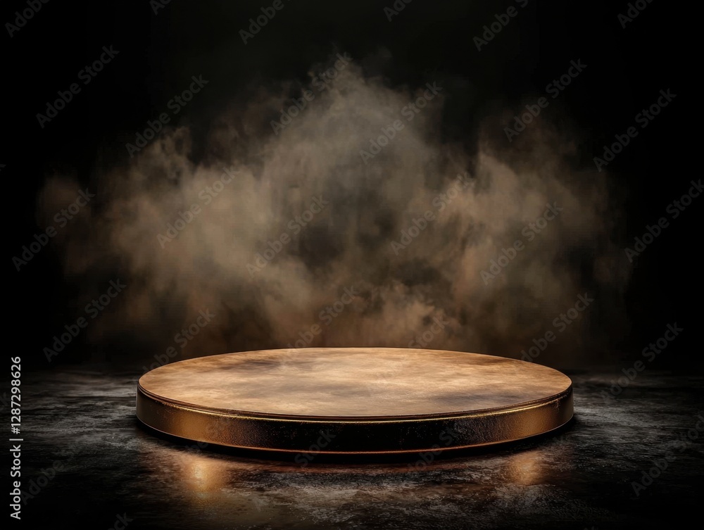 A dimly lit circular platform with a textured surface, surrounded by a misty atmosphere, creating a sense of mystery and anticipation. A dimly lit circular platform with a textured surface, surrounded by a misty atmosphere, creating a sense of mystery and anticipation.