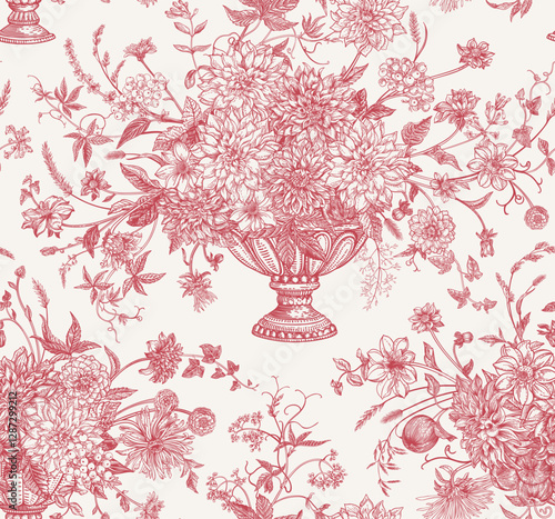 Seamless pattern with flower bouquets in vases. Dahlias, asters, zinnias, chrysanthemums, ivy, apples, berries and spikelets. Floral surface design. Detailed botany. Red