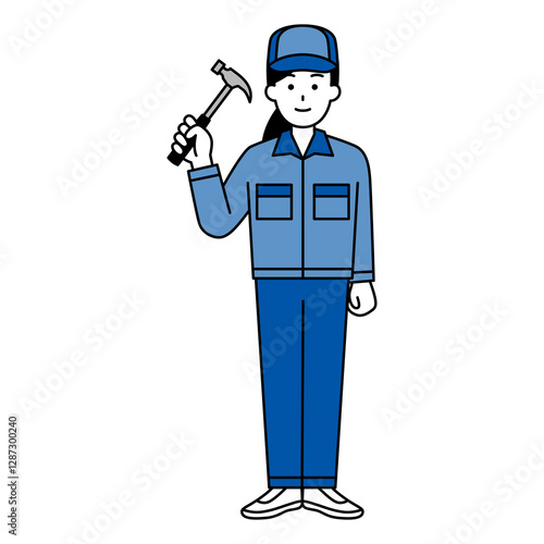 ハンマーを持つつなぎ作業服の女性（全身）