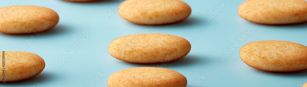 A visually appealing array of round, golden cookies arranged neatly on a light blue background, highlighting their texture and color. A visually appealing array of round, golden cookies arranged neatly on a light blue background, highlighting their texture and color.