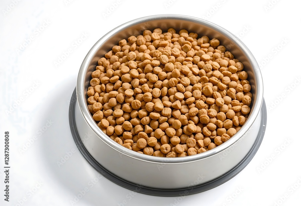 A stainless steel bowl filled with nutritious dry dog food on a clean white background, showcasing wholesome pet nutrition. A stainless steel bowl filled with nutritious dry dog food on a clean white background, showcasing wholesome pet nutrition.
