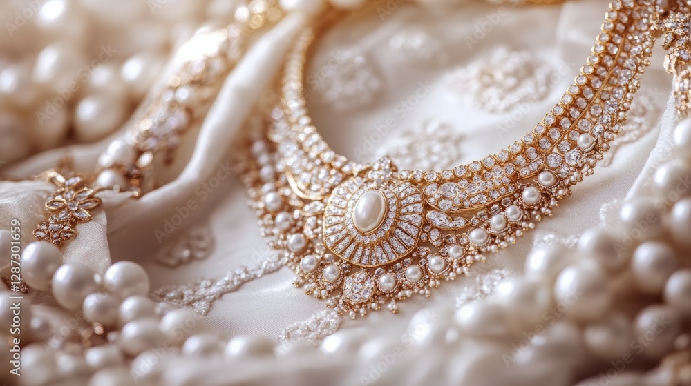 Elegant gold necklace adorned with pearls and sparkling stones, resting on a luxurious cream fabric. Elegant gold necklace adorned with pearls and sparkling stones, resting on a luxurious cream fabric.