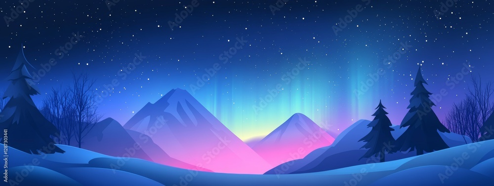 Snowy mountain aurora borealis winter night scene Snowy mountain aurora borealis winter night scene