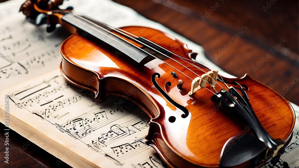 Fototapeta premium Violin on Sheet Music: A Symphony of Elegance and Melody