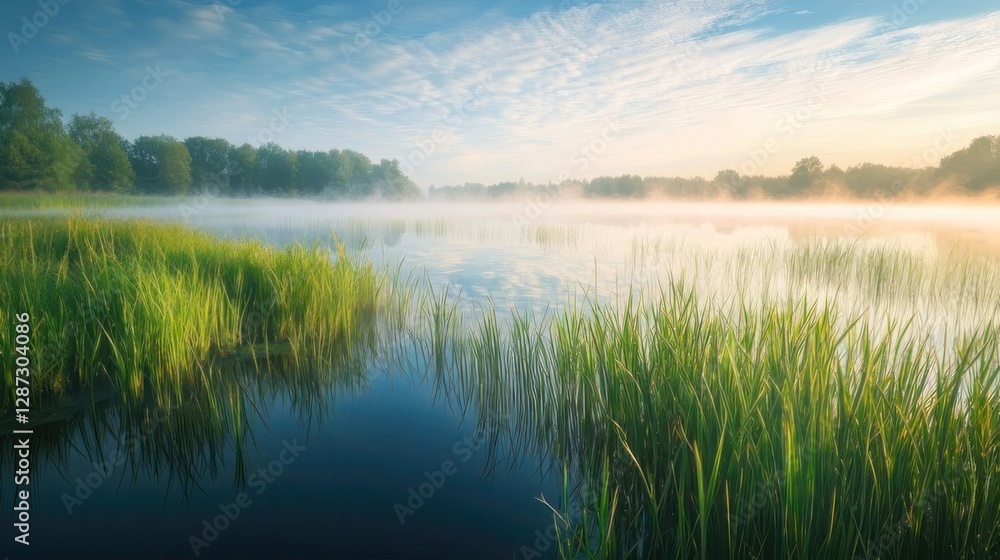 Misty Sunrise Over a Calm Lake