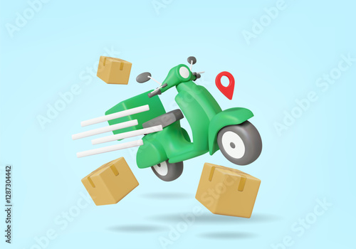 3D Vector Illustration Render Delivery Scooter Icon with Speed ​​Effect, Floating Parcel Box and GPS Location. Fast, Modern and Efficient Express Delivery Service Concept. Modern Logistics.