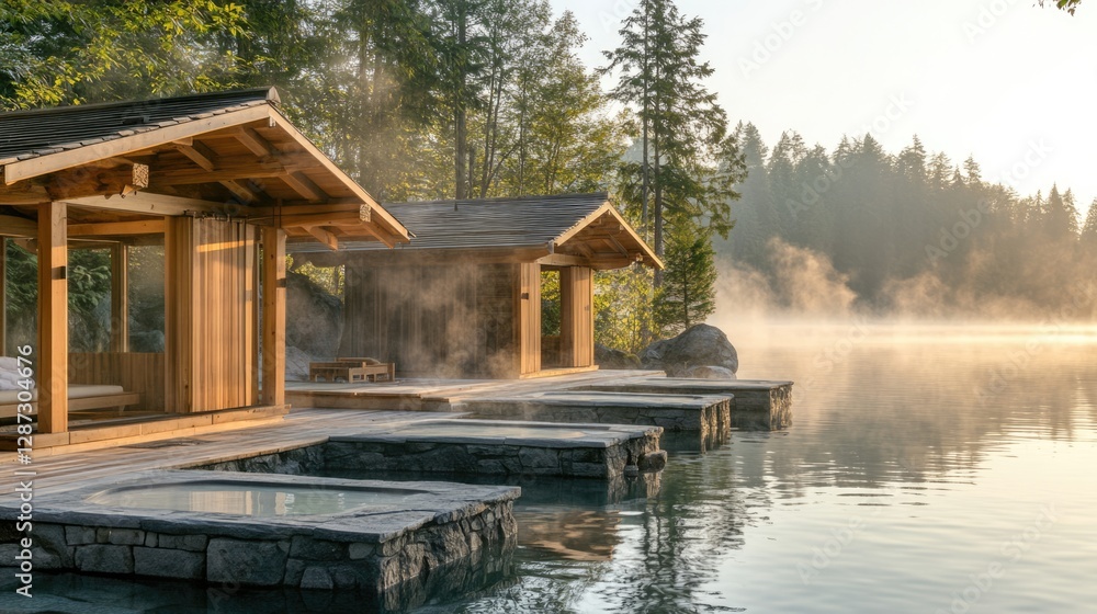 Obraz premium Wooden Cabins and Stone Baths by Misty Lake at Sunrise