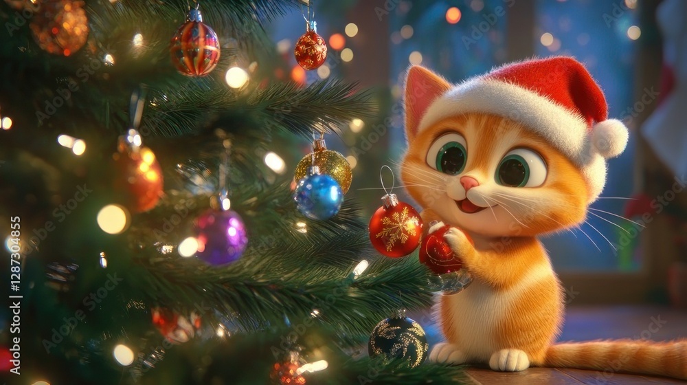 Cute cat decorates Christmas tree Cute cat decorates Christmas tree