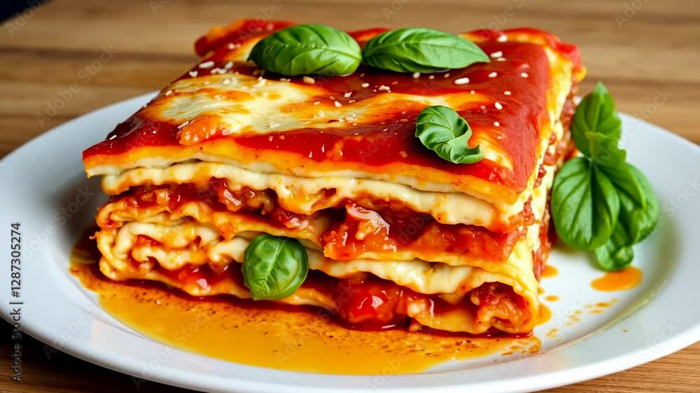 Delicious Lasagna on White Plate with Tomato Sauce Cheese and Fresh Basil on Wooden Table Background in Studio Lighting Delicious Lasagna on White Plate with Tomato Sauce Cheese and Fresh Basil on Wooden Table Background in Studio Lighting