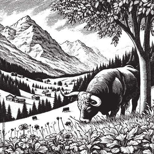 Bull grazing in an alpine meadow, with mountains, and trees, drawn in an engraved, woodcut style sketch engraving generative ai raster illustration. Scratch board imitation. Black and white 