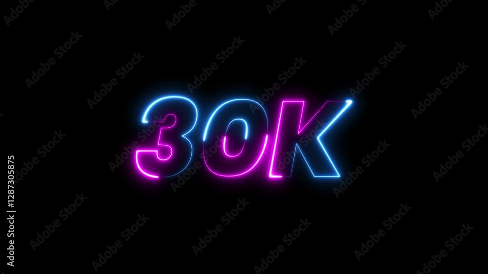 30k animation neon text effect video motion on black background. 30k Followers Celebration text animation. 30k animation neon text effect video motion on black background. 30k Followers Celebration text animation.
