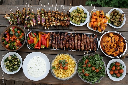 A Middle Eastern-Inspired Dinner Spread on a Rustic Table photo