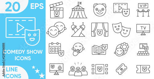 Comedy Show Icon Set.Containing, funny, joke, stand, theater, masks, tragic, tragedy, show, speakers, concert, curtains, comedy, actress, prank, LOL, joke, clown and more.Vector and illustrator set.