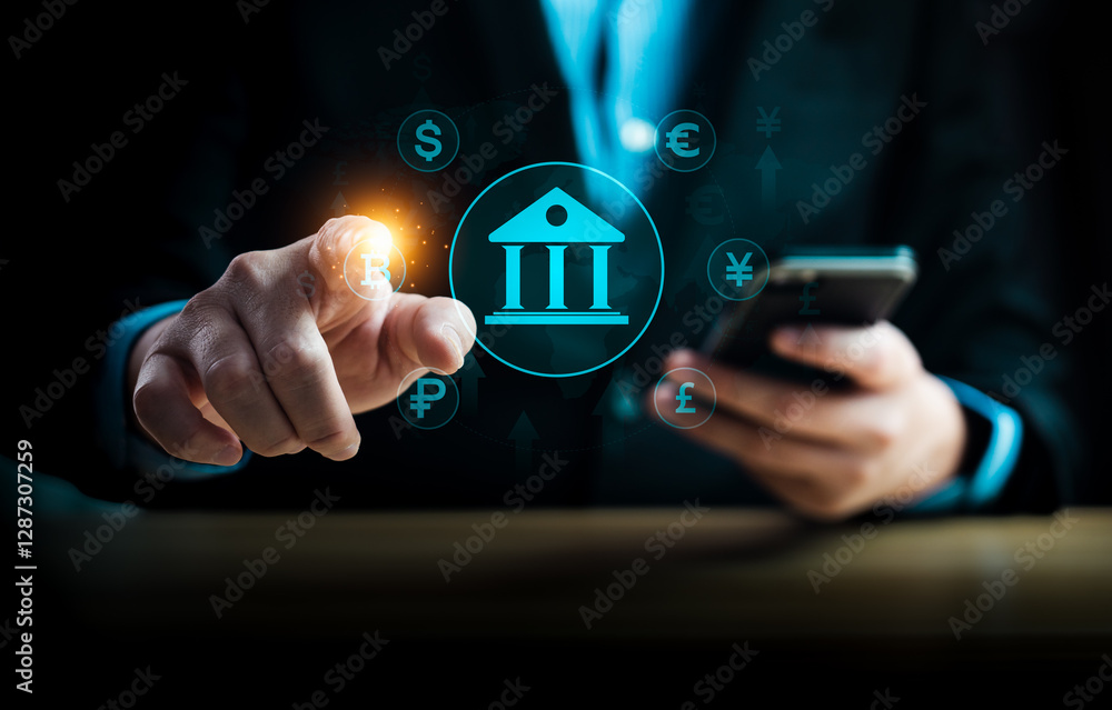 Businessman using smartphone and touching virtual banking icon with global currency symbols, representing digital banking, financial transactions, fintech, global economy, and online payment solutions Businessman using smartphone and touching virtual banking icon with global currency symbols, representing digital banking, financial transactions, fintech, global economy, and online payment solutions