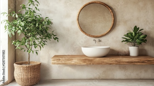 Wallpaper Mural Minimalist bathroom interior with plants mirror and wooden countertop Torontodigital.ca