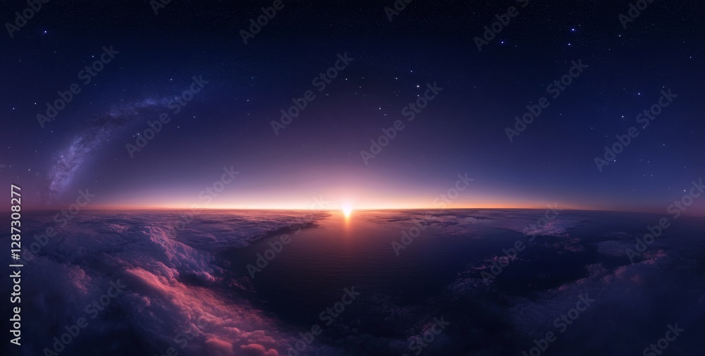 Fototapeta premium Aerial Sunrise Above Clouds, Starry Night, Galaxy