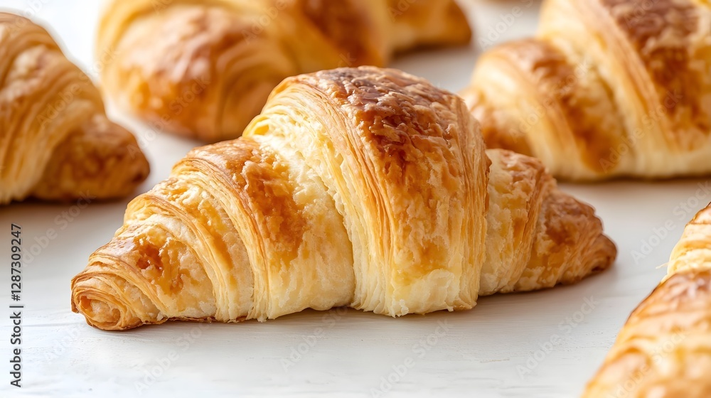Freshly baked golden croissants arranged on a light surface, showcasing flaky layers and texture Freshly baked golden croissants arranged on a light surface, showcasing flaky layers and texture