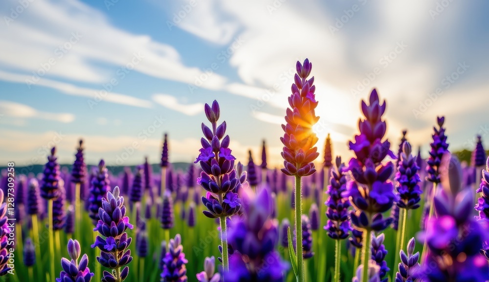 Naklejka premium A serene twilight landscape unfolds, featuring a field of blooming lavender, its delicate purple flowers reaching towards a soft, pastel-colored sky.