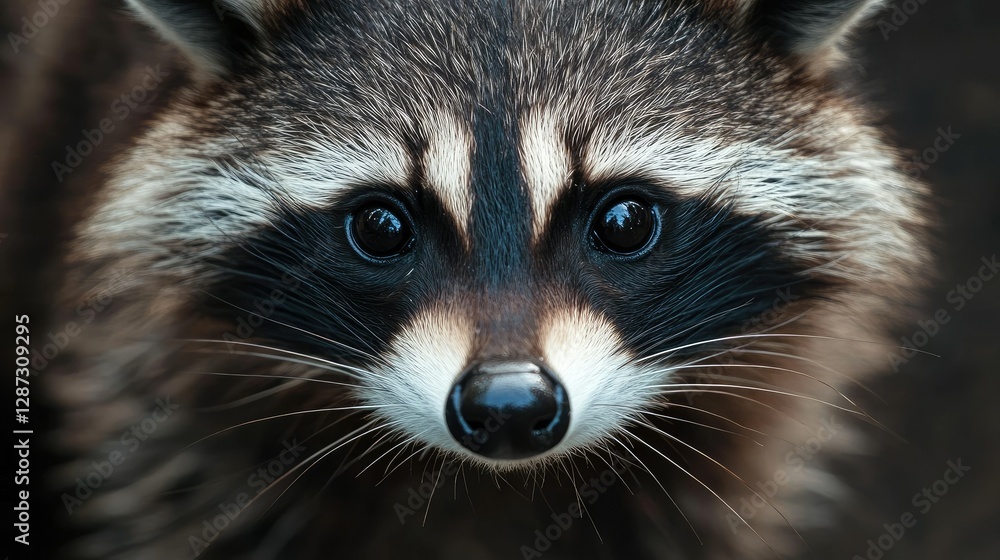 Close-up of a raccoon's face, sharp details of its fur and whiskers. Close-up of a raccoon's face, sharp details of its fur and whiskers.