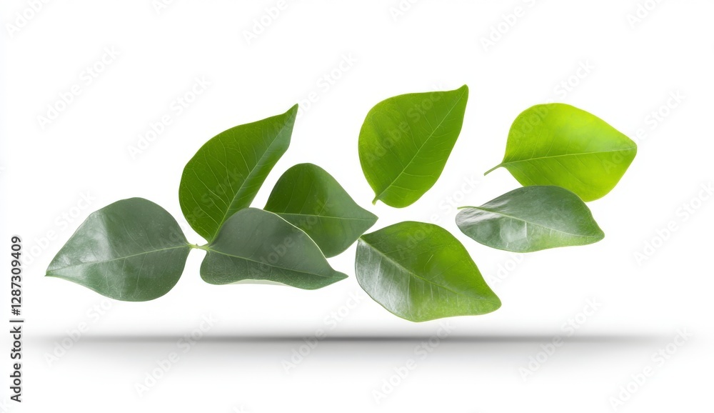Fresh Green Leaves Floating Gracefully Against a Clean White Background for Nature and Sustainability Concepts Fresh Green Leaves Floating Gracefully Against a Clean White Background for Nature and Sustainability Concepts