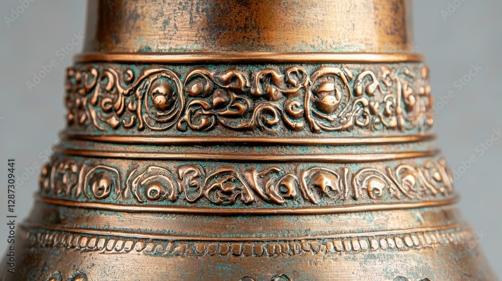 Intricate close-up of an antique bronze bell showcasing detailed craftsmanship and rich patina effects Intricate close-up of an antique bronze bell showcasing detailed craftsmanship and rich patina effects