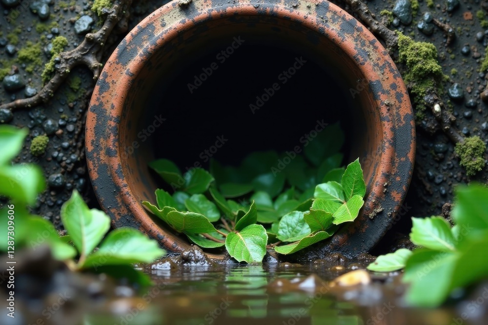 Nature's Resilience Verdant Growth Emerging from an Aged Terracotta Vessel in a Moist, Rocky Environment Nature's Resilience Verdant Growth Emerging from an Aged Terracotta Vessel in a Moist, Rocky Environment