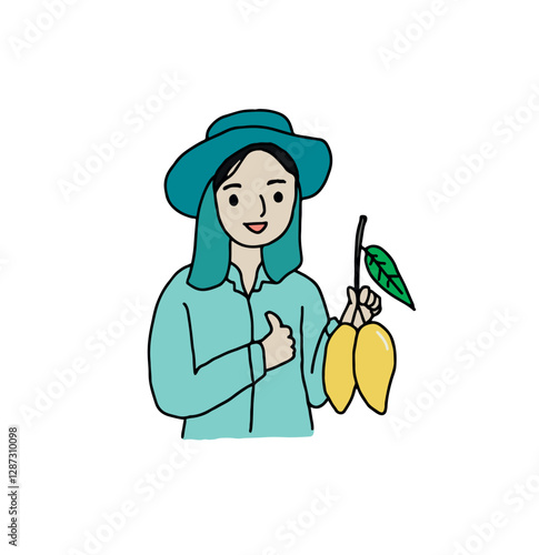 Happy farmer holding yellow mango, hand drawn style vector illustration