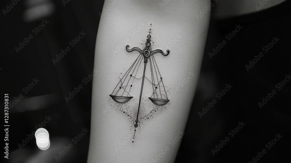 Obraz premium Libra Zodiac Sign Tattoo On Arm, Representing Balance And Harmony. Perfect For Astrology And Body Art Themes.