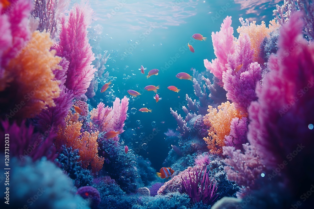 Naklejka premium Underwater view of coral reef with fishes and sunlight. Underwater world.